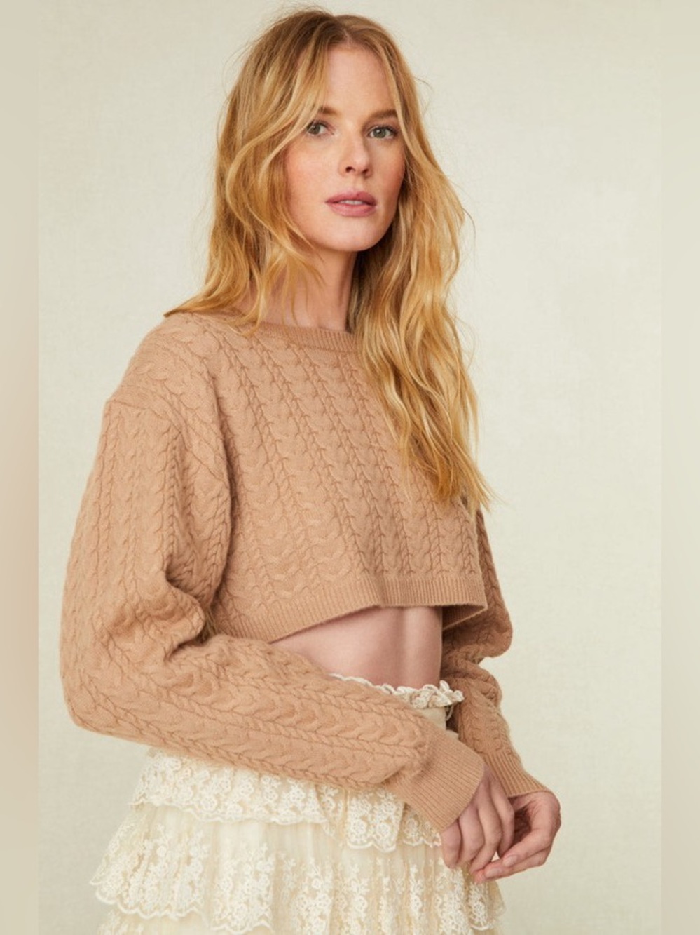 LoveShackFancy Calloway Camel Wool Cashmere Cable Knit Crop Sweater XS $345 Tan